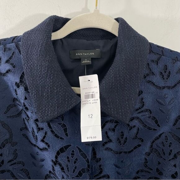 NWT Ann Taylor Navy Blue Damask Lace Collared Blazer Jacket Size 12 Coat - Picture 4 of 9